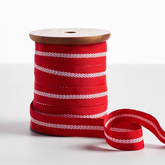 Pottery Barn Wooden Spool of Red and White Grosgrain Ribbon - Picture 4 of 16